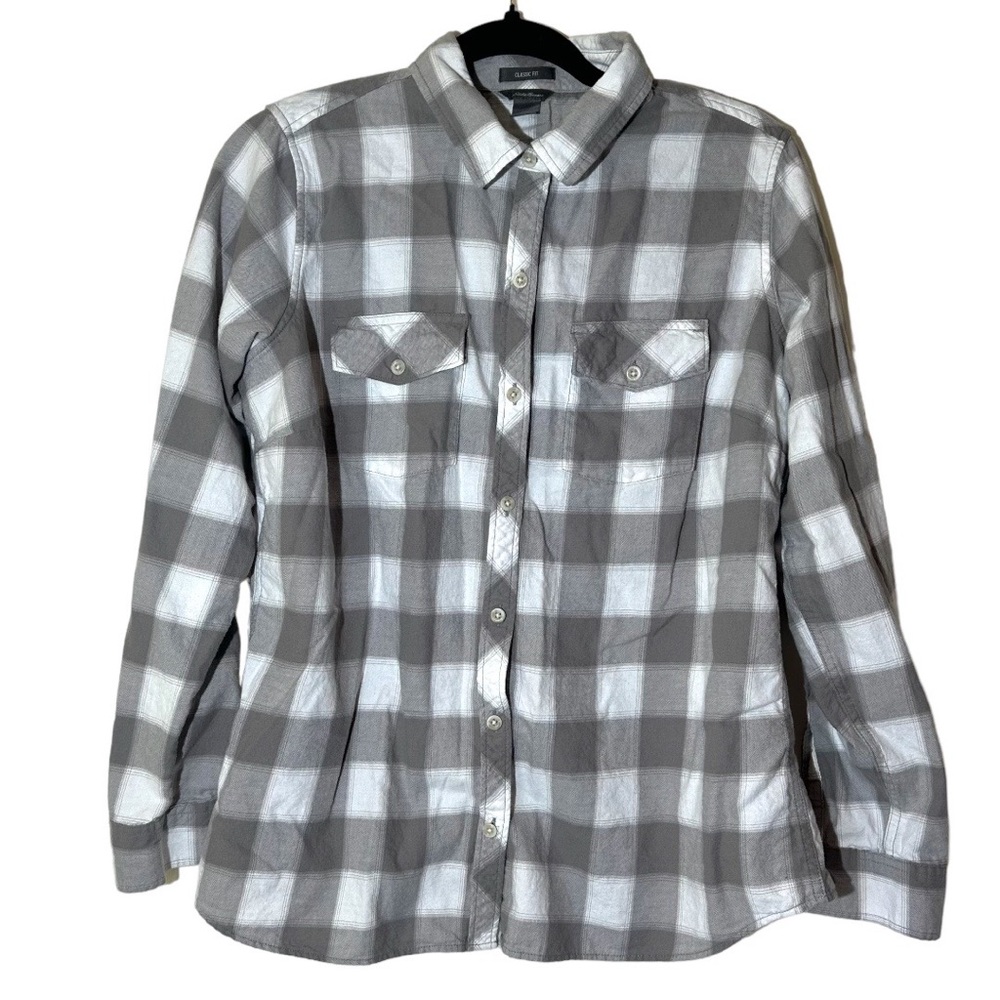 Eddie Bauer Women’s Gray and White Plaid Long Sleeve Flannel Button Up Soft